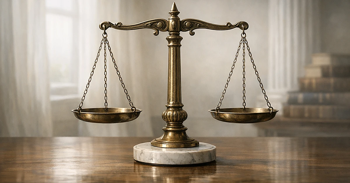Marble balance scale on wooden surface with soft natural lighting