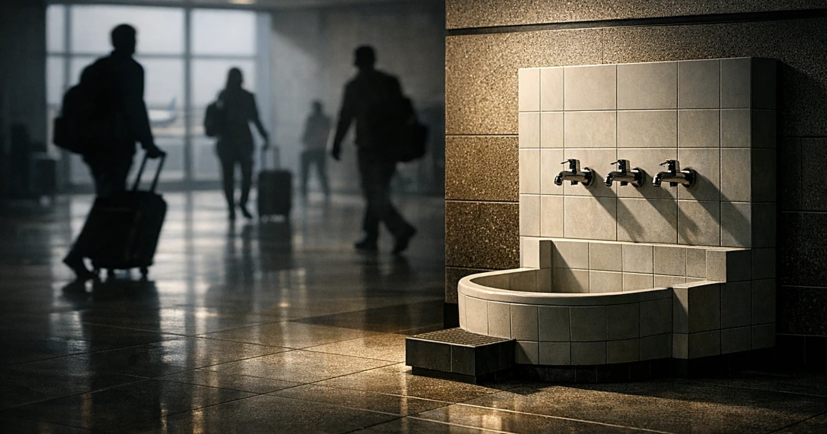 Empty foot-washing basin mounted on airport terminal wall with traveler silhouettes in background