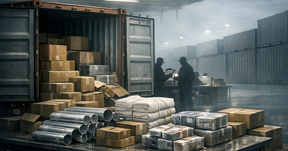 Open shipping container at port with goods being inspected, silhouettes of inspectors in background