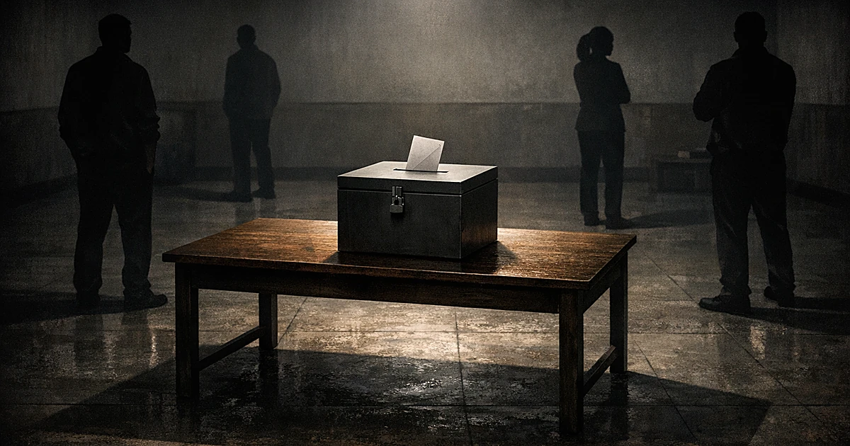 Ballot box on table with four silhouetted figures standing separately in corners of institutional room