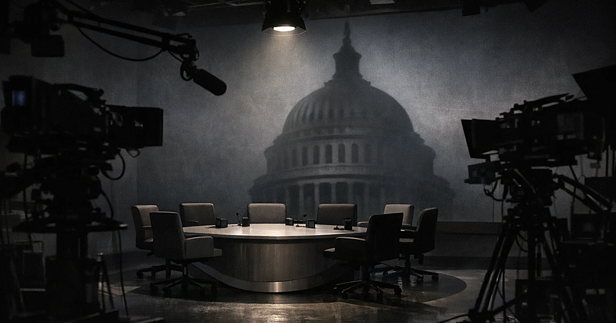 Empty talk show set in shadows with government building silhouette cast on backdrop wall, unused camera equipment in foregrou