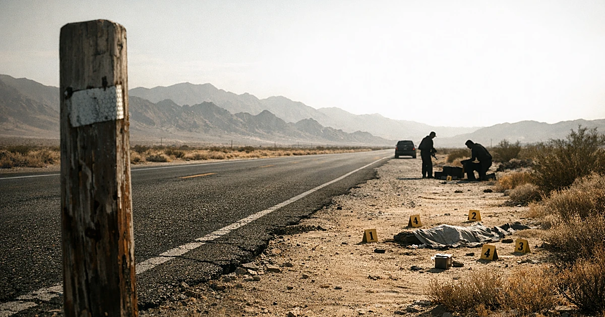 Desert highway stretching through barren California landscape with evidence markers along the roadside shoulder