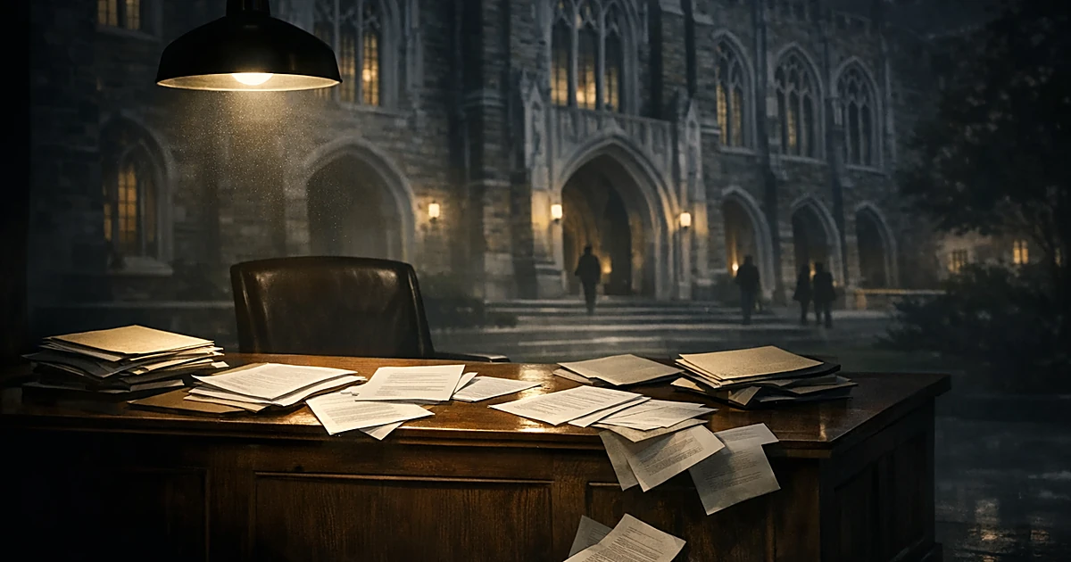 Empty admissions desk with scattered application folders beneath a shadowed law school building