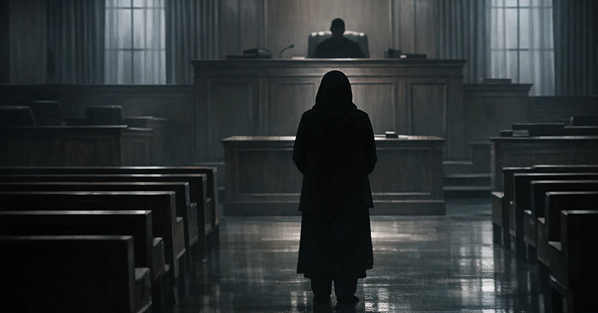 Silhouetted figure stands before judge's bench in empty courtroom with dramatic shadows and cold institutional lighting