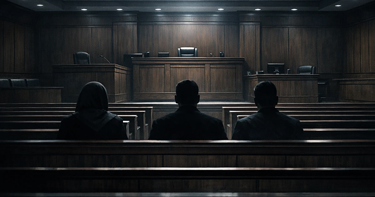 Empty federal courtroom interior with wooden benches facing an elevated judge's bench under fluorescent lighting