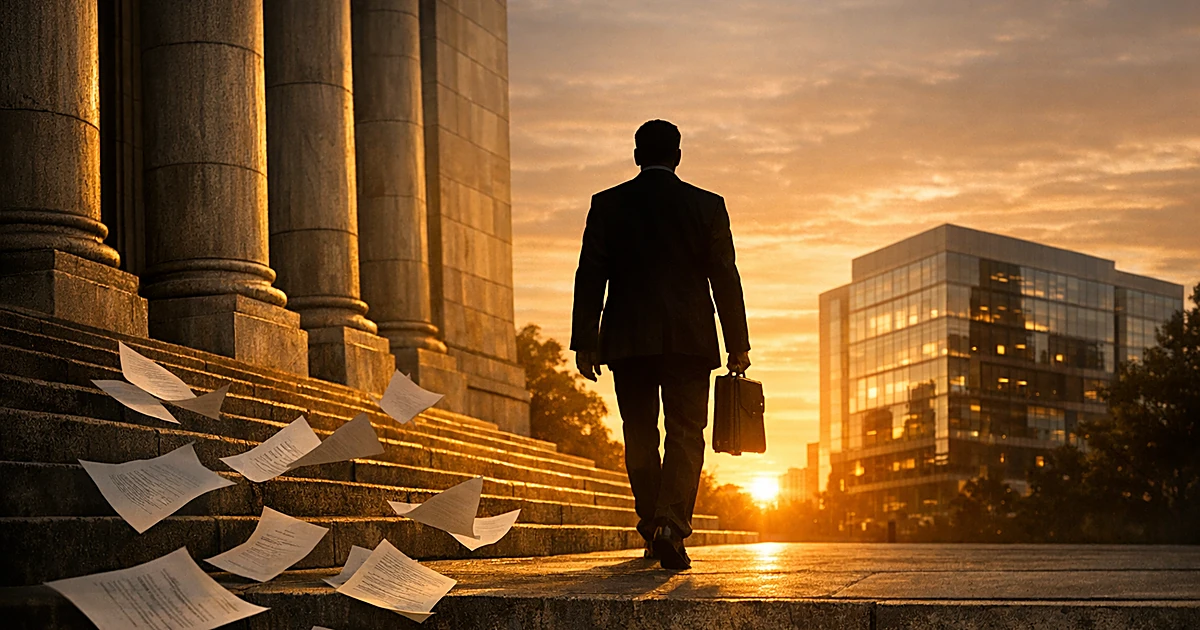 Silhouetted figure walking from government building toward modern office, papers scattering in wind