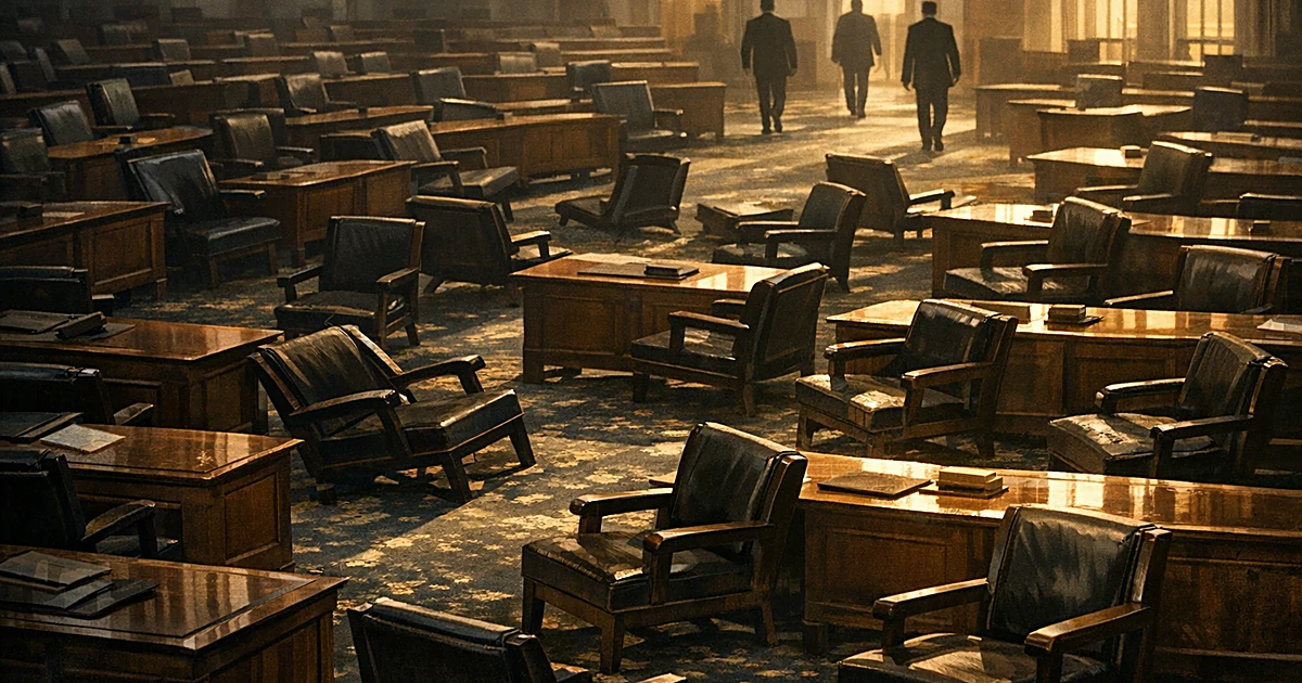Empty legislative chamber with 83 vacant chairs and silhouetted figures walking toward exits in afternoon light