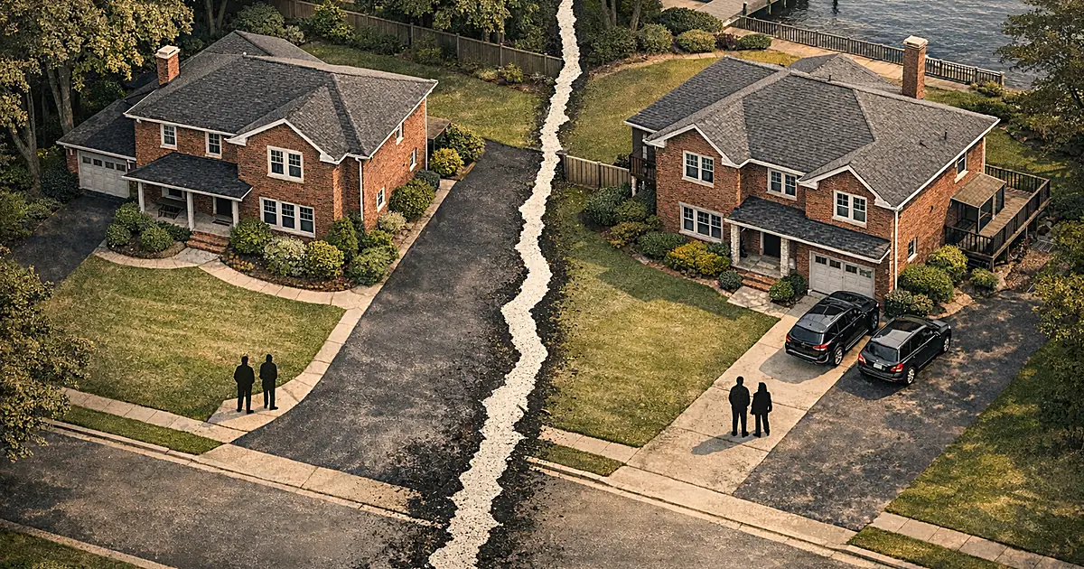 Aerial view of two suburban houses separated by a boundary line drawn across the ground between properties