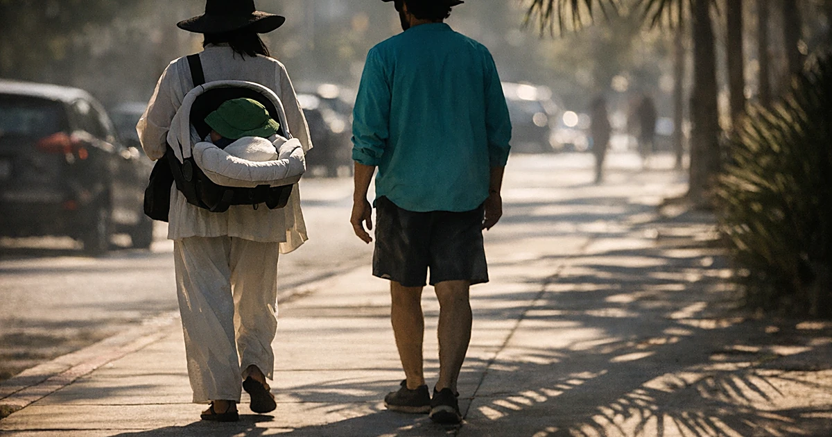 Silhouetted figures walking with baby carrier on sunny LA sidewalk under palm trees
