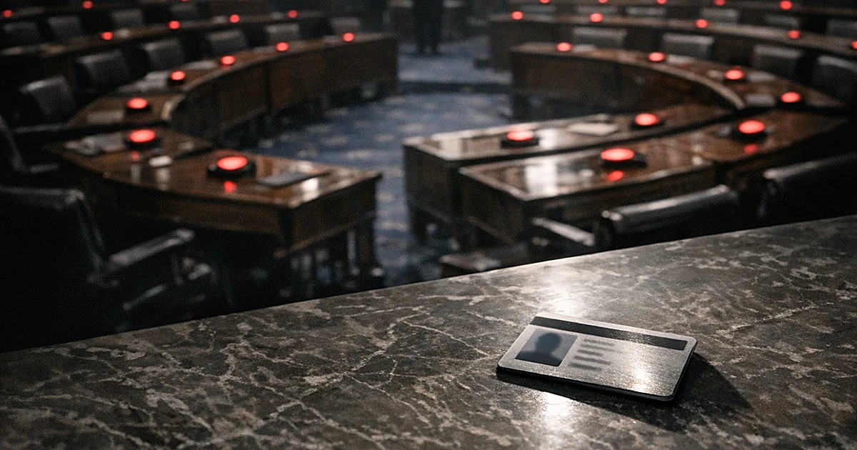 Overhead view of legislative chamber with illuminated red voting buttons on desks and ID card on marble surface
