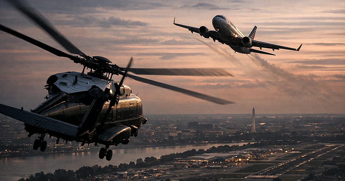 Aerial view of military helicopter and commercial jet in close proximity over urban area during near-miss incident