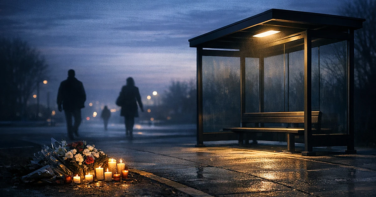 Empty bus stop at dusk with memorial flowers and candles, silhouetted figures in background