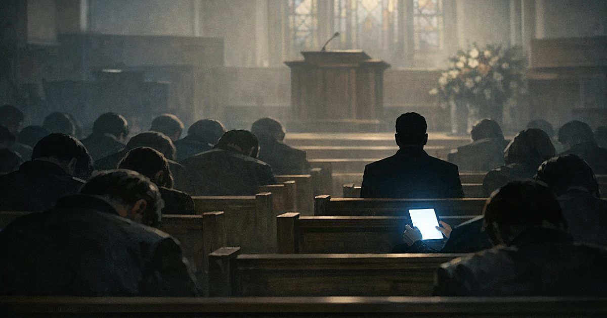 Silhouettes of mourners in church pews, one figure in fourth row holding illuminated tablet sits apart from others