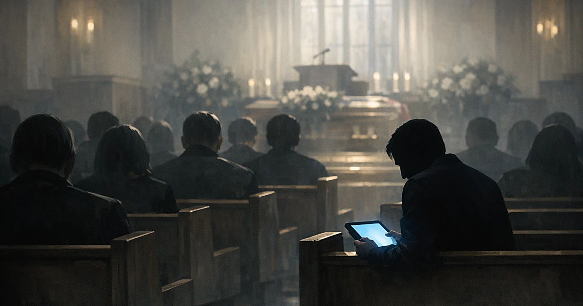 Silhouetted mourners in church pews, one person in fourth row holding illuminated tablet while others face forward