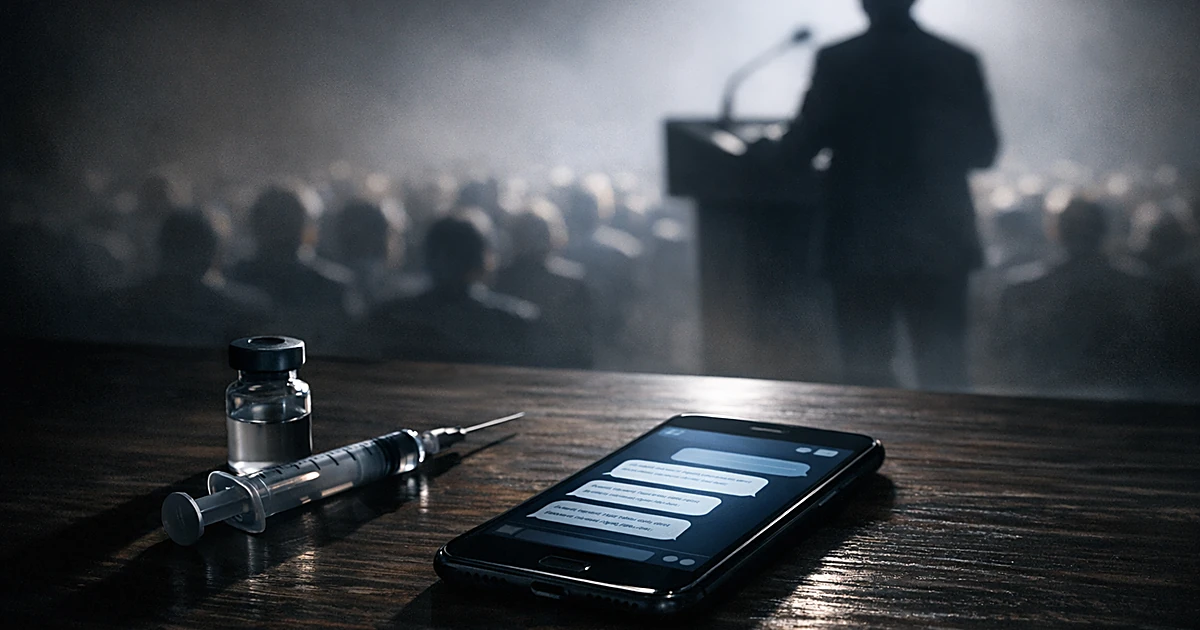 Phone with text messages on desk next to vaccine vial, silhouetted figure at podium in background