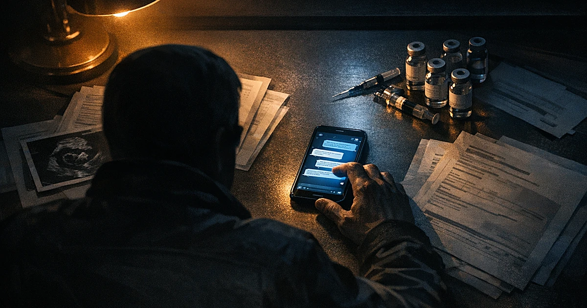 Illuminated smartphone on desk showing text messages, surrounded by medical documents and vaccine vials in dim lighting