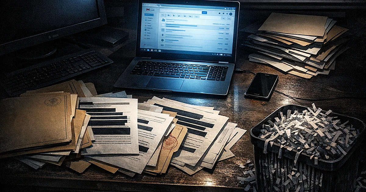 Office desk with laptop showing email, scattered folders, and shredder suggesting hidden government communications