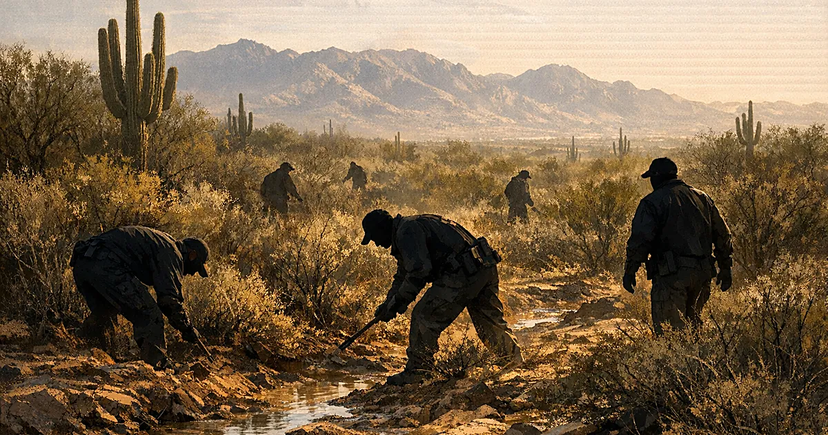 Silhouetted investigators searching desert brush in Arizona landscape after monsoon rains