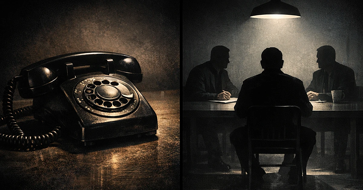 Split scene showing vintage telephone and silhouetted figures in interview setting with dramatic noir lighting