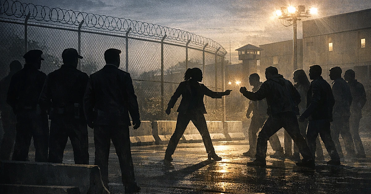 Silhouetted figures in tense confrontation outside detention facility with security lighting and barriers