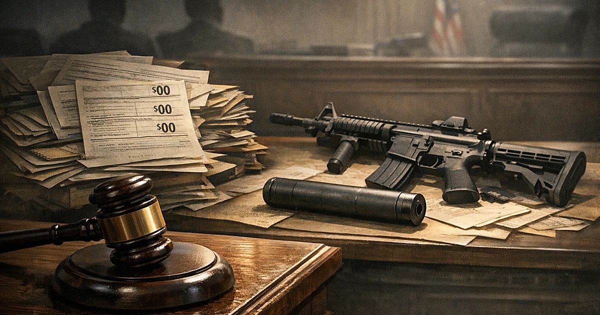 Gavel on bench with firearm suppressor and rifle beside tax documents showing zeroed amounts in dim courtroom