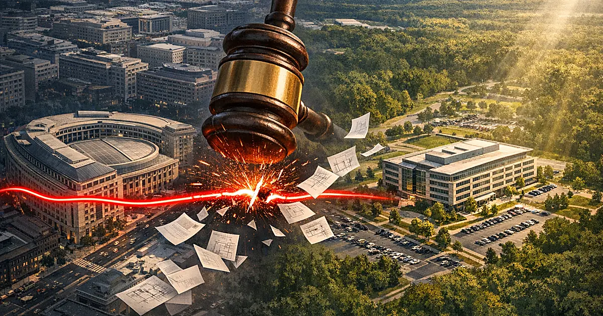 Gavel blocking connection between urban and suburban office buildings with scattered documents in between