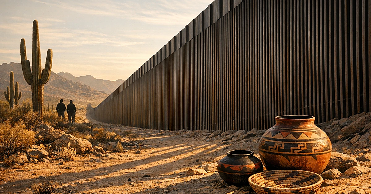 Border wall cutting through Sonoran Desert with Native American pottery in foreground and saguaro cacti