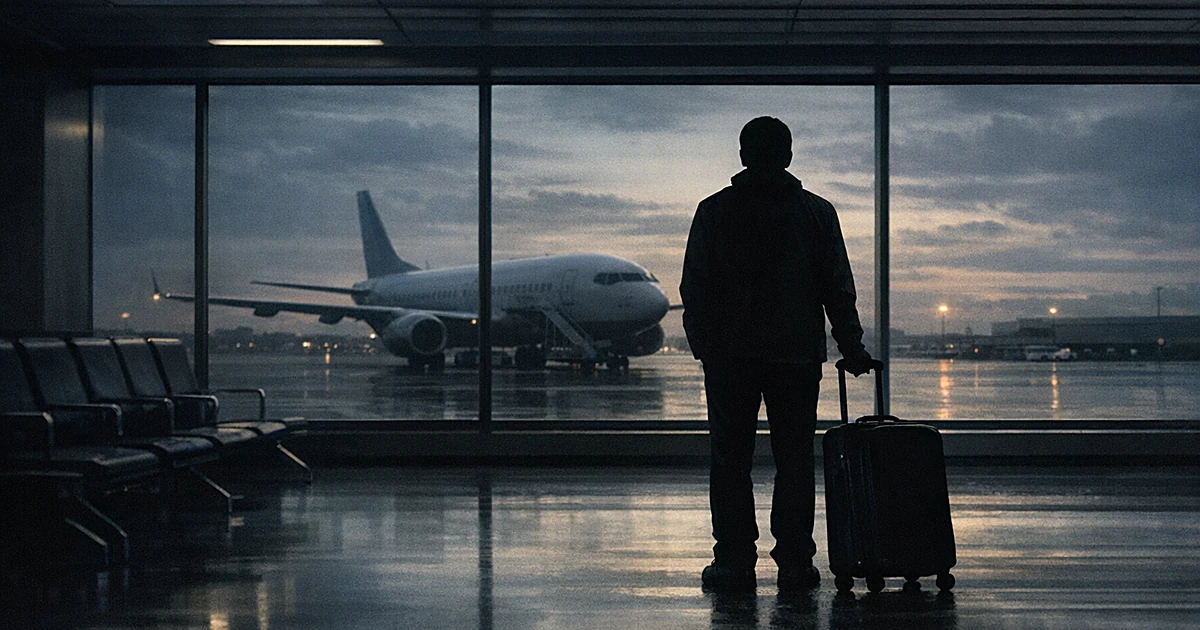 Silhouetted person with suitcase stands alone in empty airport terminal facing departure gates at dusk
