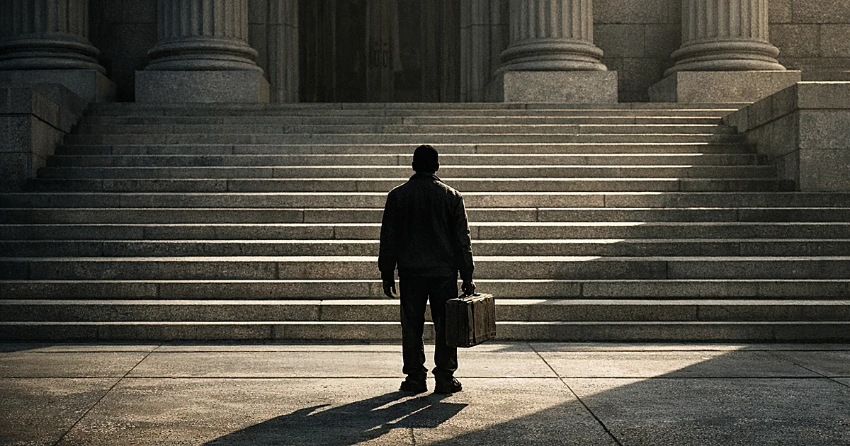 Person with suitcase viewed from behind facing tall courthouse steps, casting long shadow in stark lighting