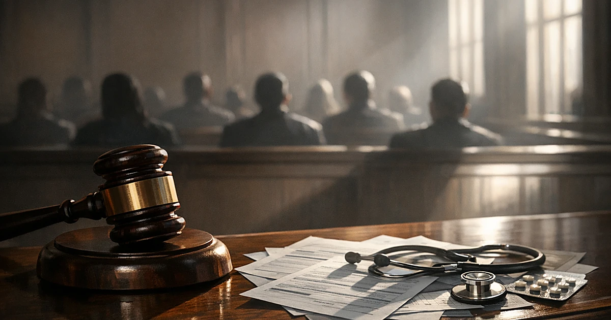 Judicial gavel on bench with healthcare documents and silhouetted courtroom observers in background