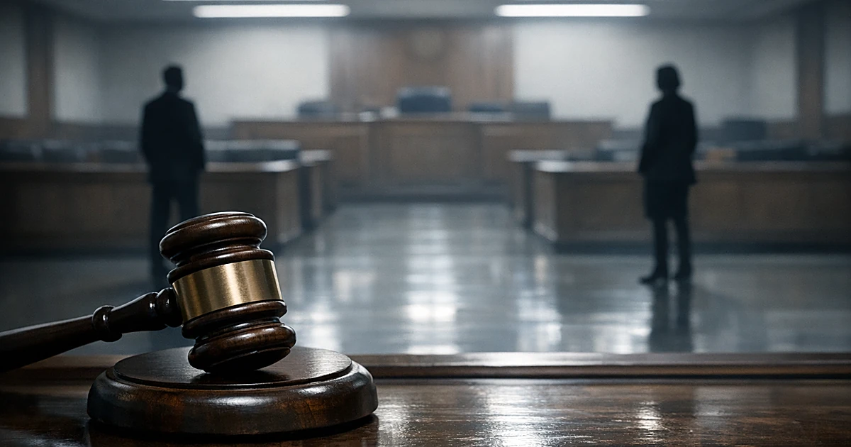 Courtroom gavel on bench with two distant silhouetted figures standing on opposite sides of an empty courtroom
