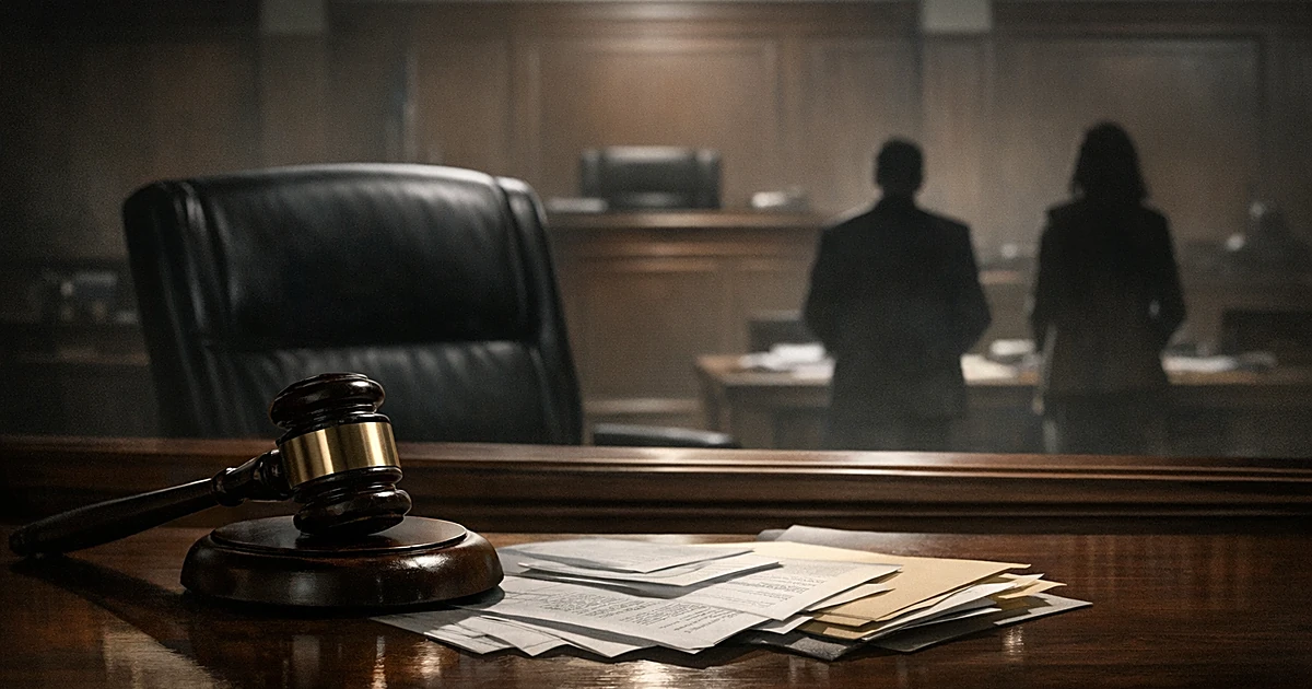 Gavel on courtroom bench with legal documents and silhouetted attorneys in background of federal courtroom