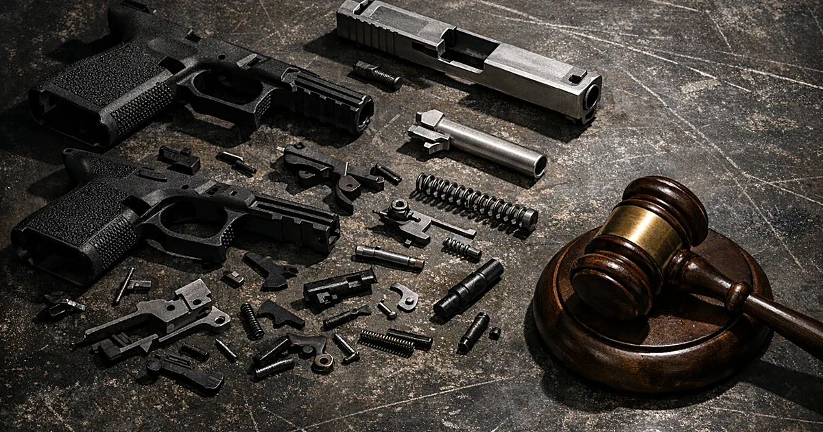 Disassembled ghost gun parts kit on workbench with gavel, showing unmarked firearm components and metal pieces