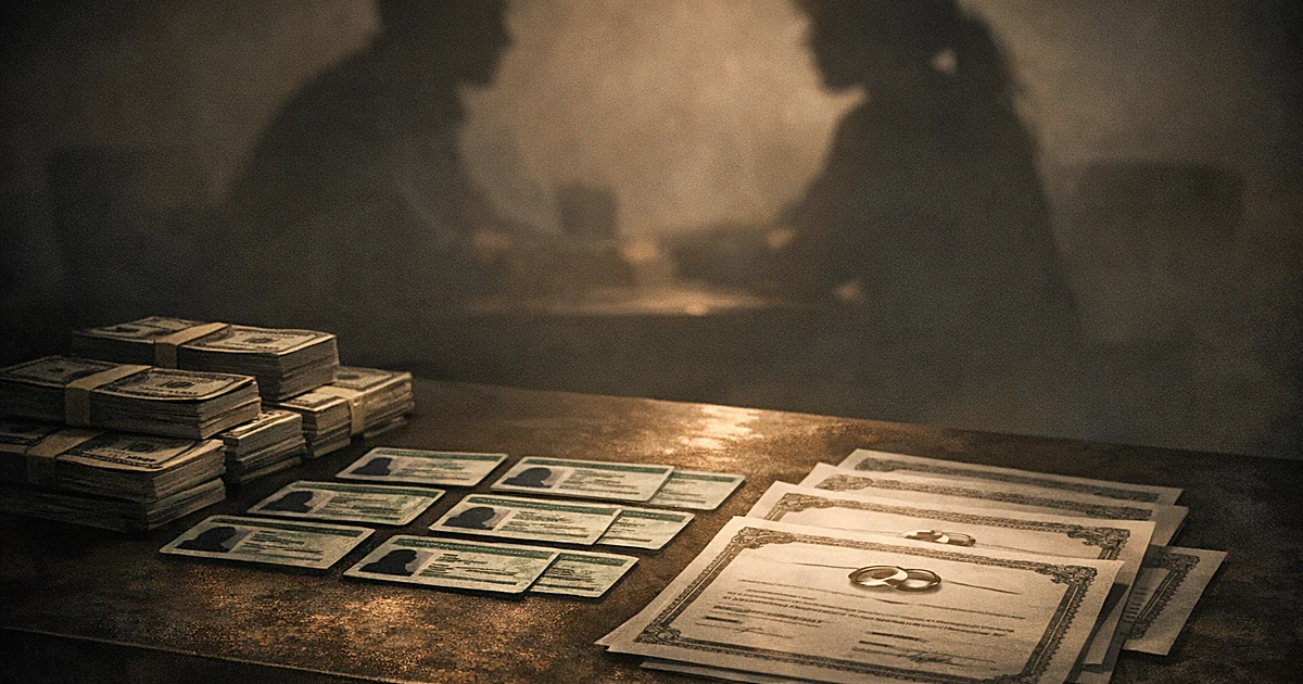 Cash, green cards, and marriage certificates on table with silhouettes meeting in background