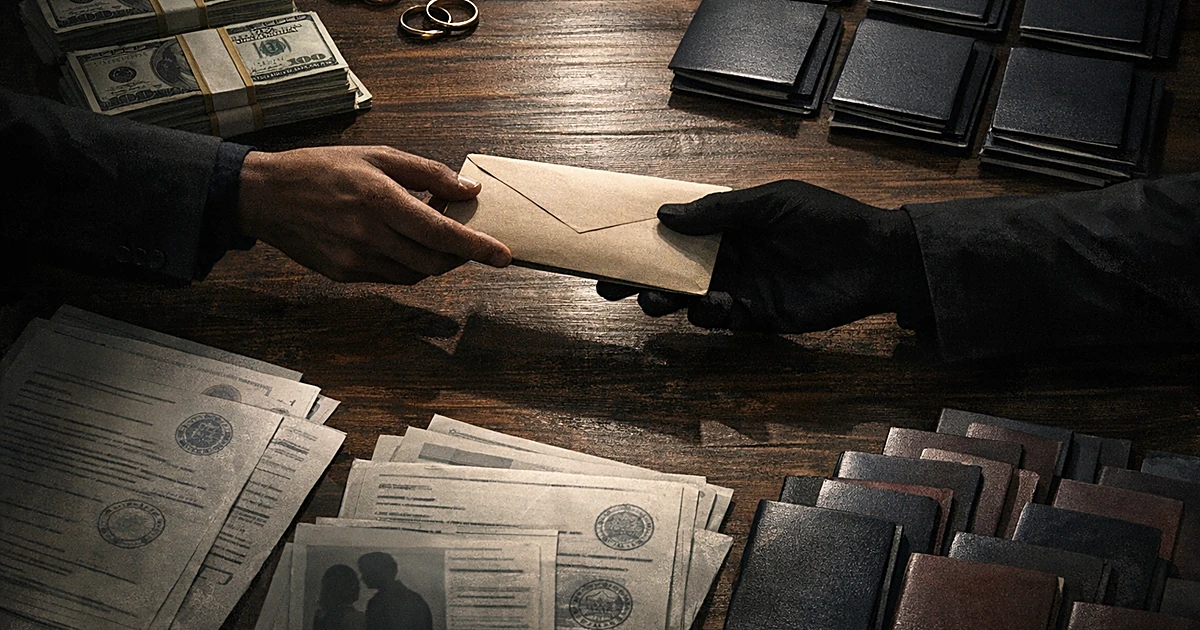 Overhead view of desk with wedding rings, cash, passports, and silhouetted hands exchanging envelope in dim lighting
