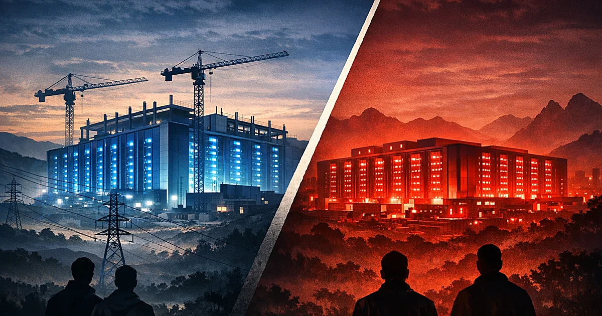 Split view of two data centers with blue and red lighting separated by diagonal divide showing infrastructure competition