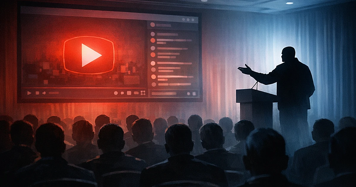Silhouetted speaker at podium gesturing toward streaming video screen in conference room with seated audience