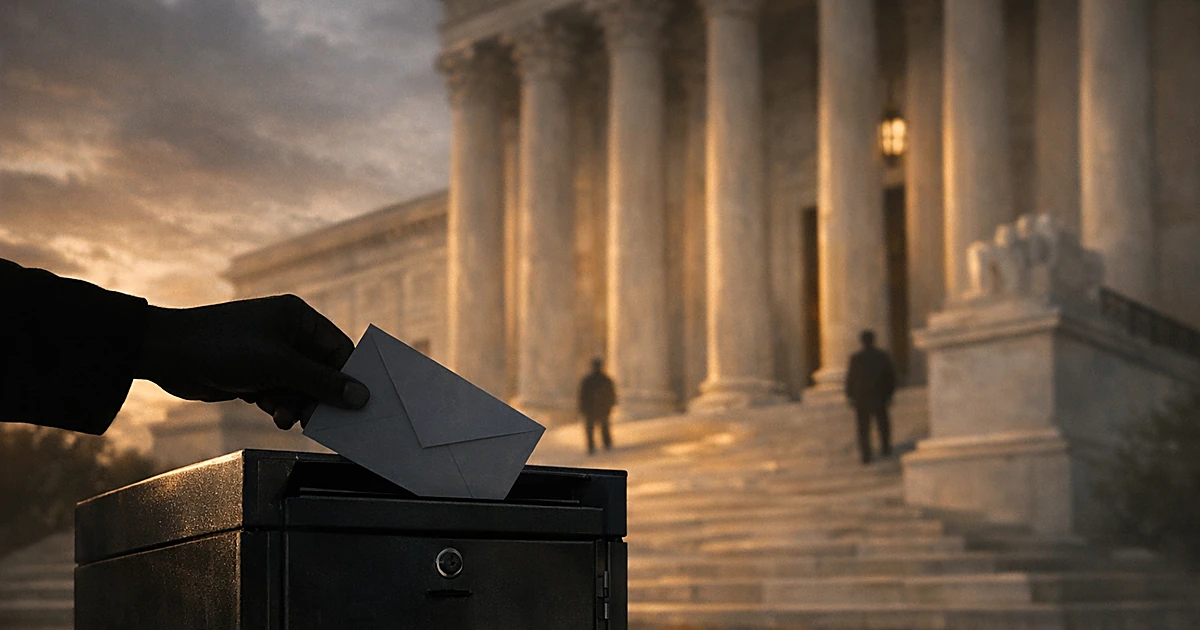 Silhouetted hand depositing mail ballot into drop box with courthouse columns in background