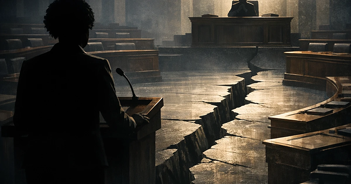 Silhouetted figures separated by a crack in the floor of an empty legislative chamber, symbolizing political division