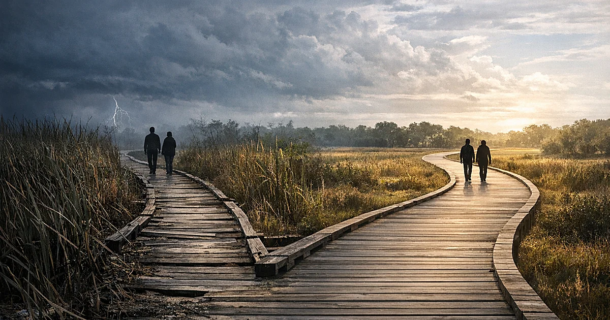 Boardwalk splitting into two paths over Florida wetlands, one overgrown left path and one clear right path