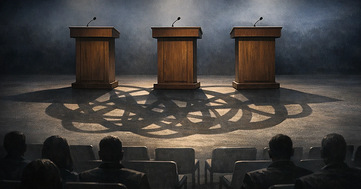 Three identical podiums on stage casting overlapping, confusing shadows representing ballot name confusion