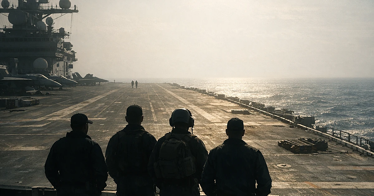 Silhouetted sailors on aircraft carrier deck gazing at endless ocean, conveying isolation of extended deployment