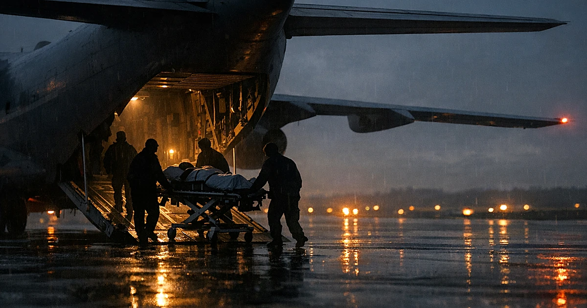 Medical gurney being wheeled from transport aircraft on rainy tarmac at dusk with silhouetted medical personnel