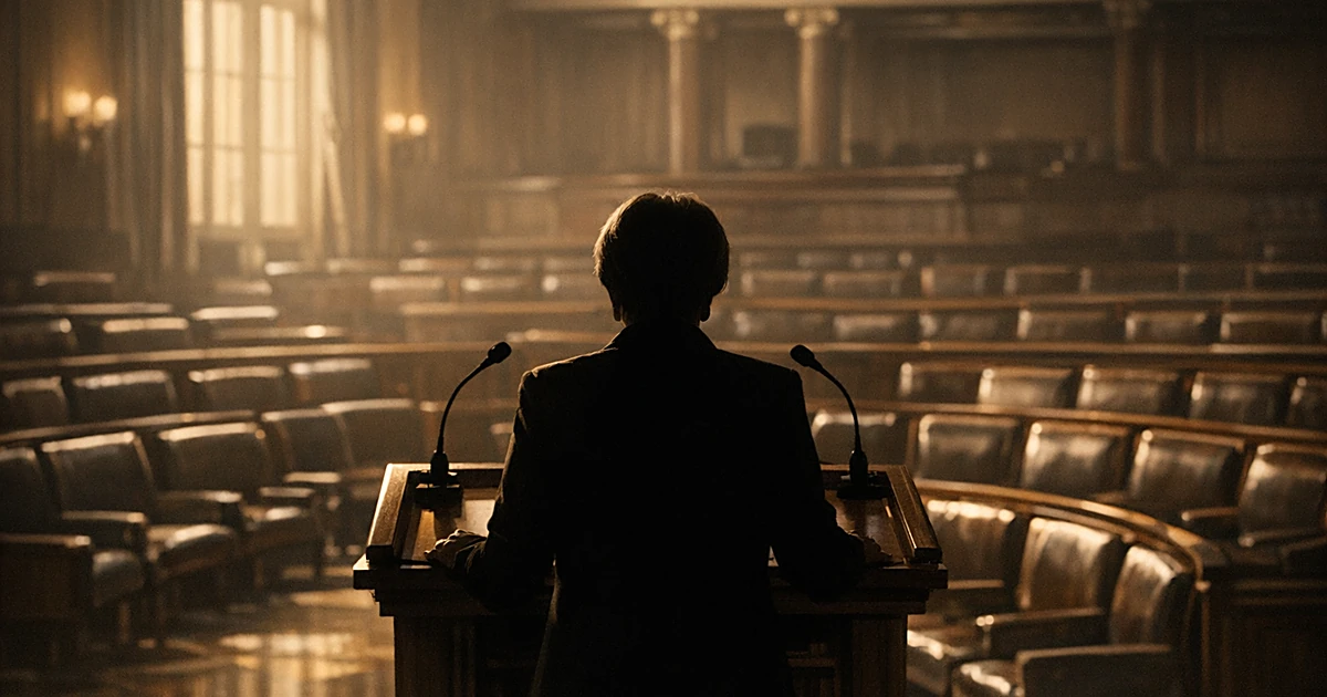 Silhouetted figure at podium in congressional chamber with empty chairs and afternoon light streaming through windows