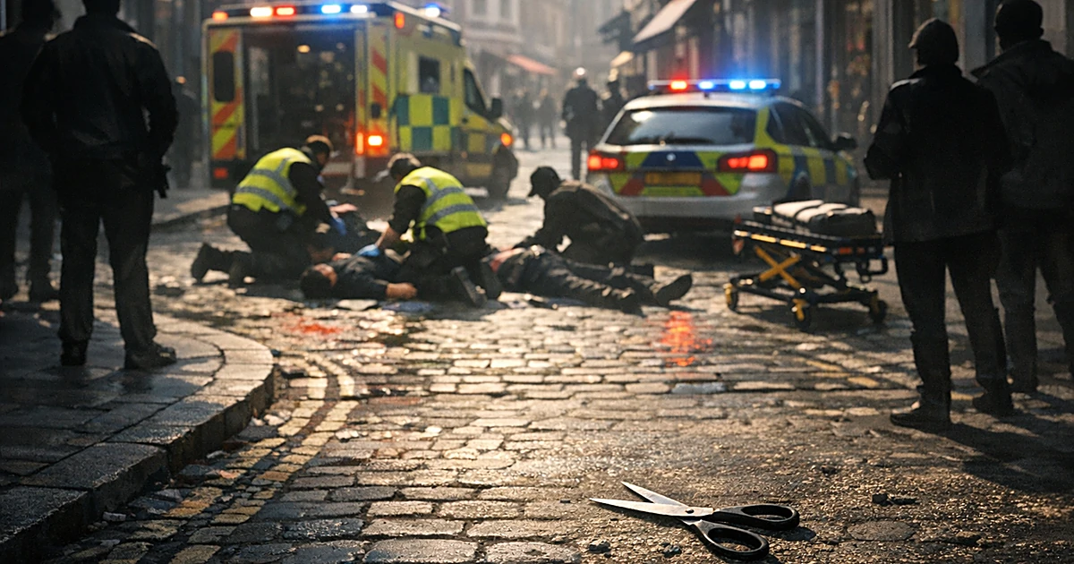Emergency responders attending to incident on narrow urban street with scissors on cobblestone pavement