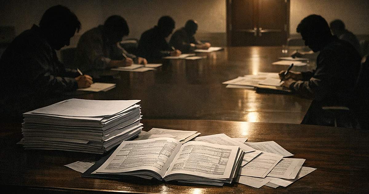 Silhouetted figures in conference room taking notes while reviewing stacks of documents under controlled conditions