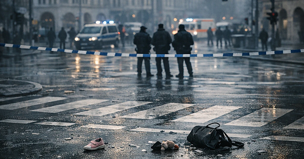 Empty cordoned street intersection with scattered belongings on wet pavement in somber lighting