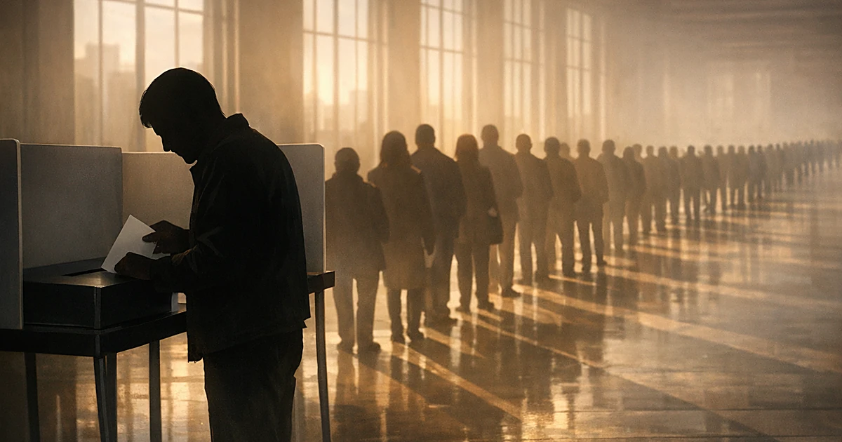 Silhouetted person voting at booth while long line of shadowy figures extends behind in sunlit civic interior
