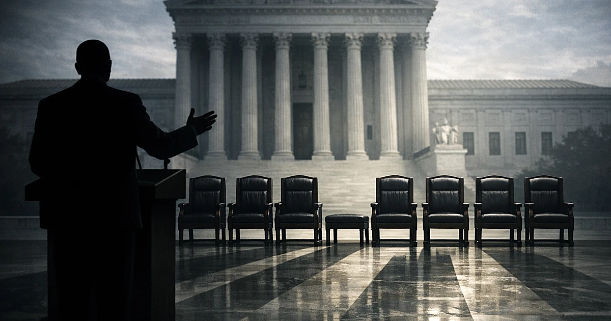 Silhouetted speaker at podium facing courthouse with row of nine judicial chairs, one appearing conspicuously empty