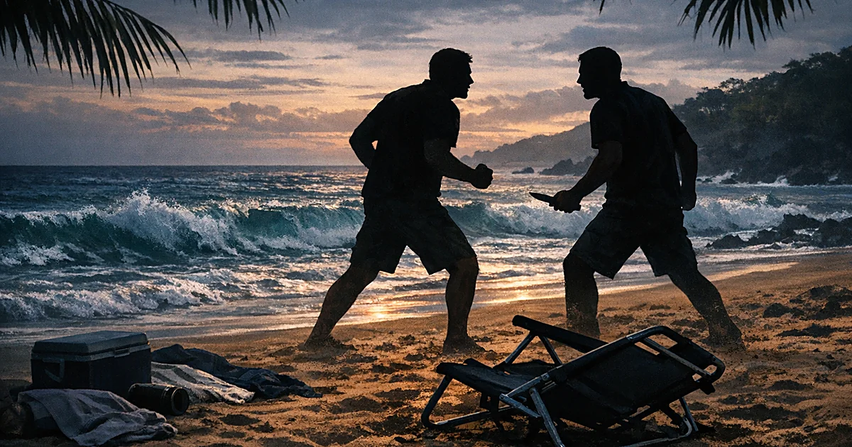Silhouetted figures in confrontation on a Hawaiian beach with overturned chair and scattered belongings in foreground